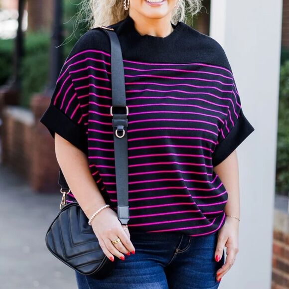 Chic Soul Black and Pink Striped Top 3X Womens Plus Size - Picture 1 of 9
